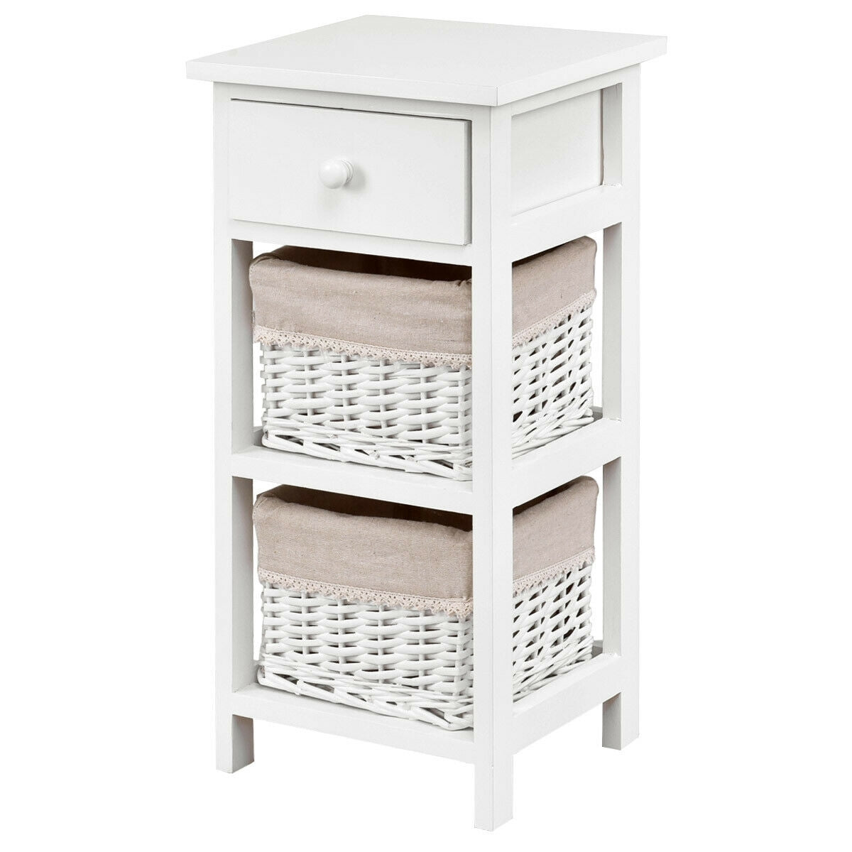 Set of 2 White Bedside Tables with Drawer and Wicker Storage Baskets