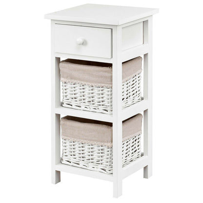 Set of 2 White Bedside Tables with Drawer and Wicker Storage Baskets