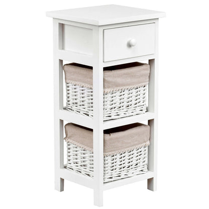 Set of 2 White Bedside Tables with Drawer and Wicker Storage Baskets