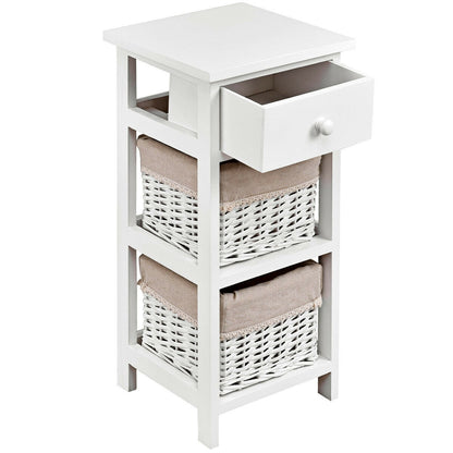 Set of 2 White Bedside Tables with Drawer and Wicker Storage Baskets