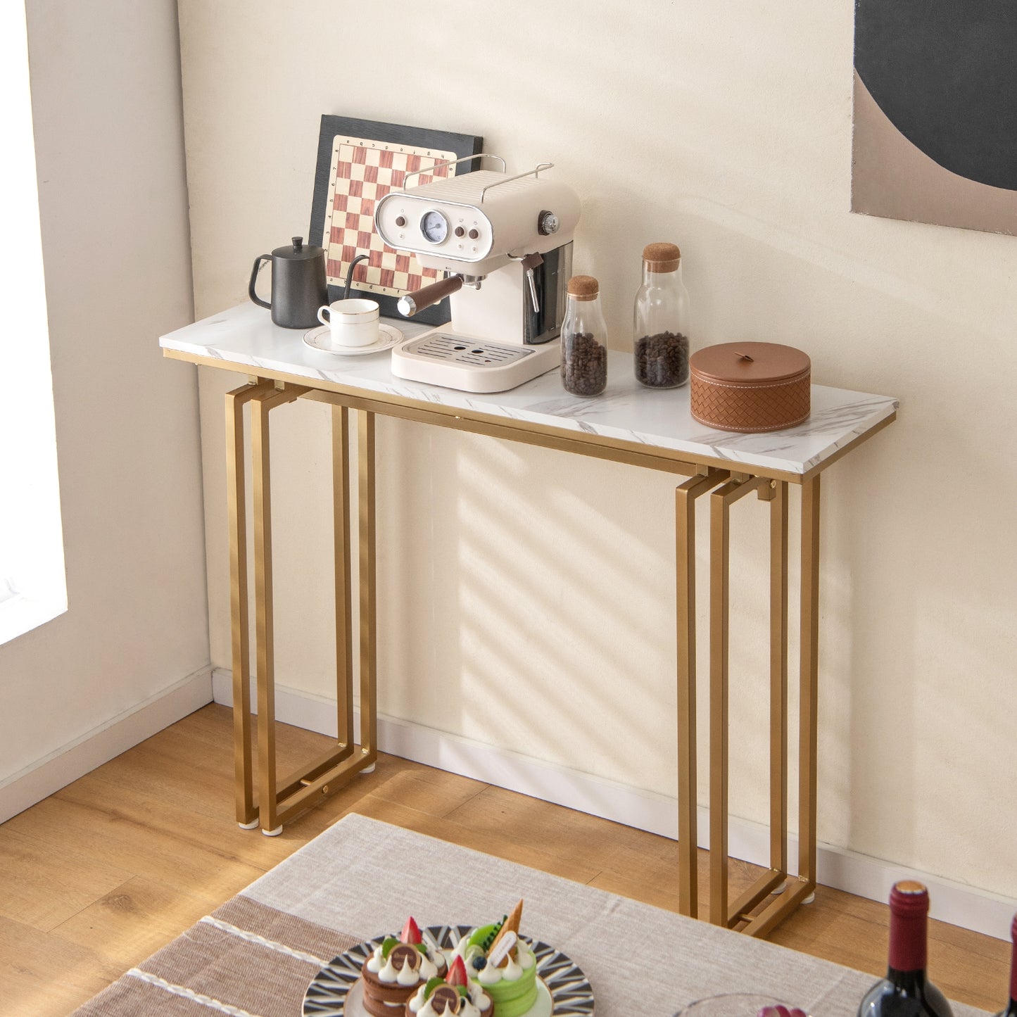 Modern Console Table with Durable Metal Frame and 43.5 Inch Faux Marble Top
