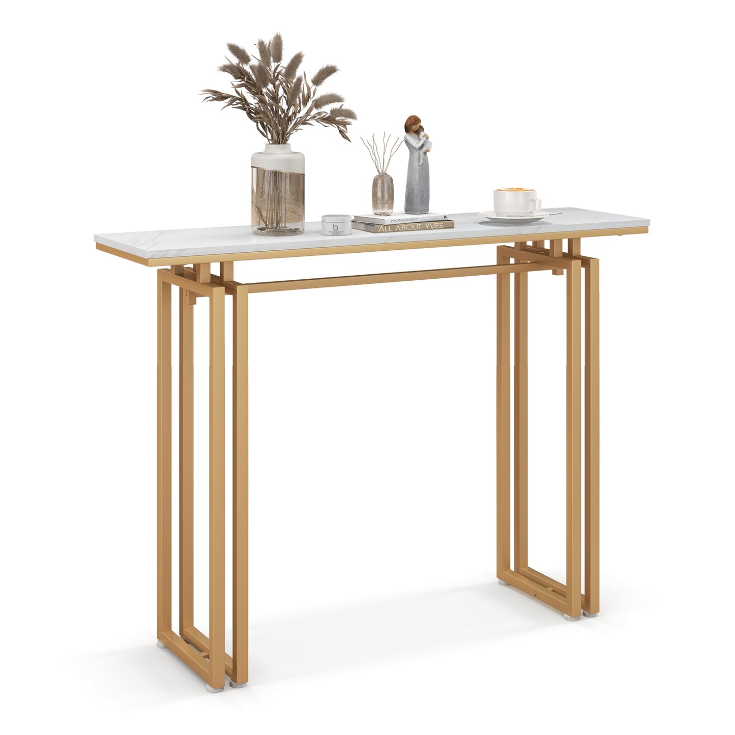 Modern Console Table with Durable Metal Frame and 43.5 Inch Faux Marble Top