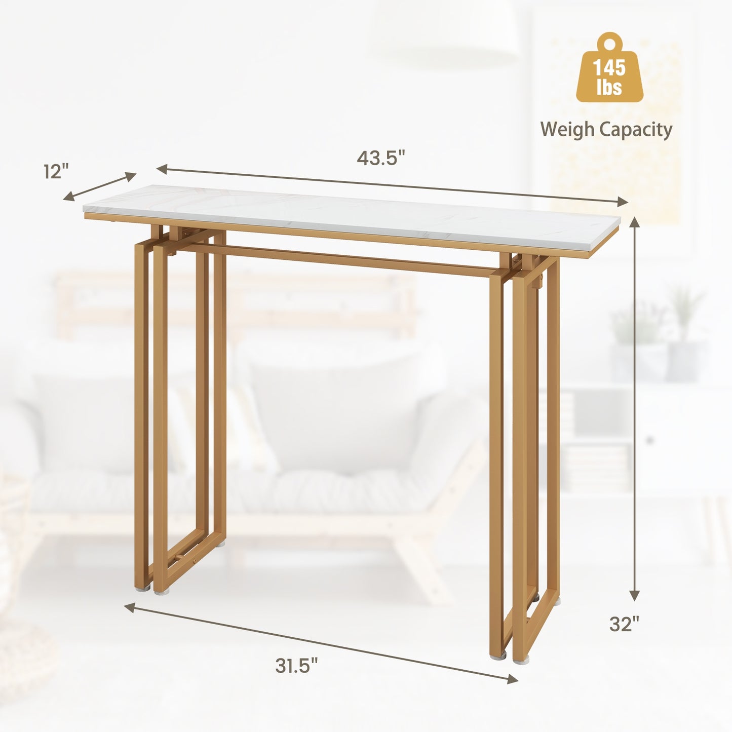 Modern Console Table with Durable Metal Frame and 43.5 Inch Faux Marble Top