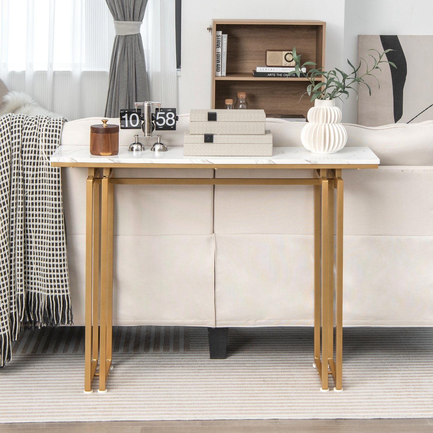 Modern Console Table with Durable Metal Frame and 43.5 Inch Faux Marble Top