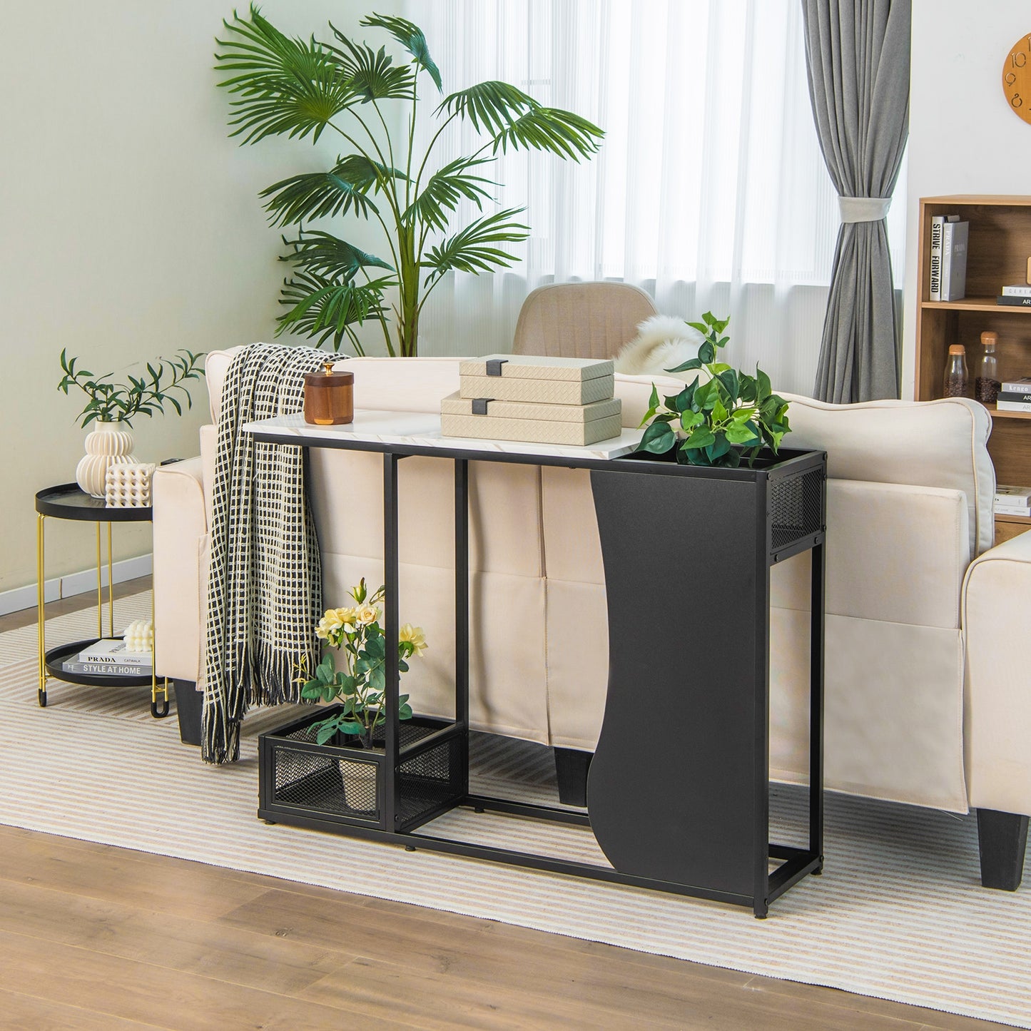 Elegant Console Table with Faux Marble Top and Built-In Plant Display 43.5 Inch