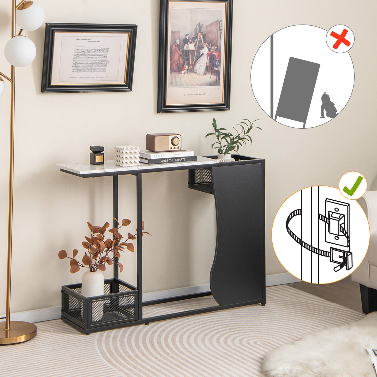 Elegant Console Table with Faux Marble Top and Built-In Plant Display 43.5 Inch