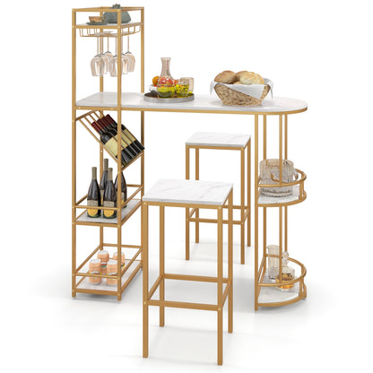 Elegant 3-Piece Bar Table Set with Wine Rack and Multiple Storage Shelves