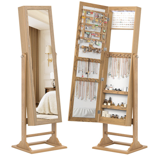 Freestanding Jewelry Armoire with Full-Length Mirror, 6 LED Lights and Lockable Storage – Natural