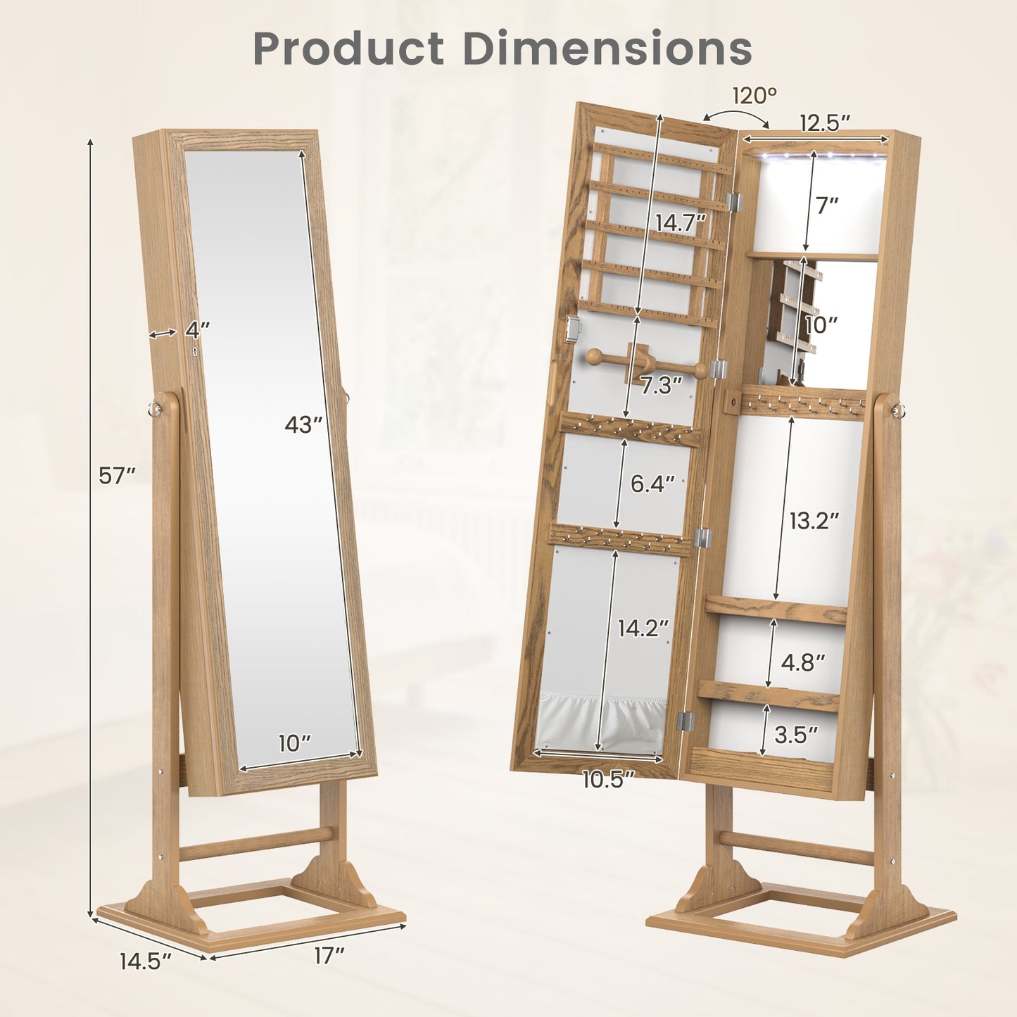 Freestanding Jewelry Armoire with Full-Length Mirror, 6 LED Lights and Lockable Storage – Natural