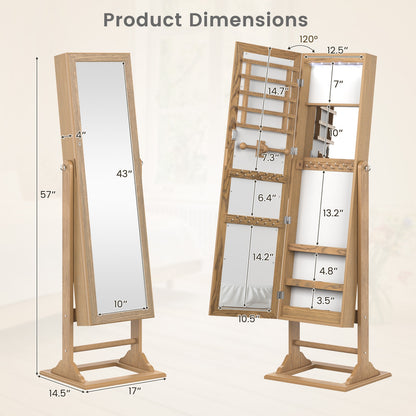 Freestanding Jewelry Armoire with Full-Length Mirror, 6 LED Lights and Lockable Storage – Natural