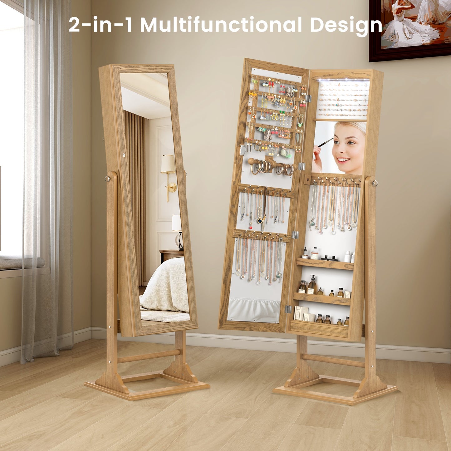 Freestanding Jewelry Armoire with Full-Length Mirror, 6 LED Lights and Lockable Storage – Natural