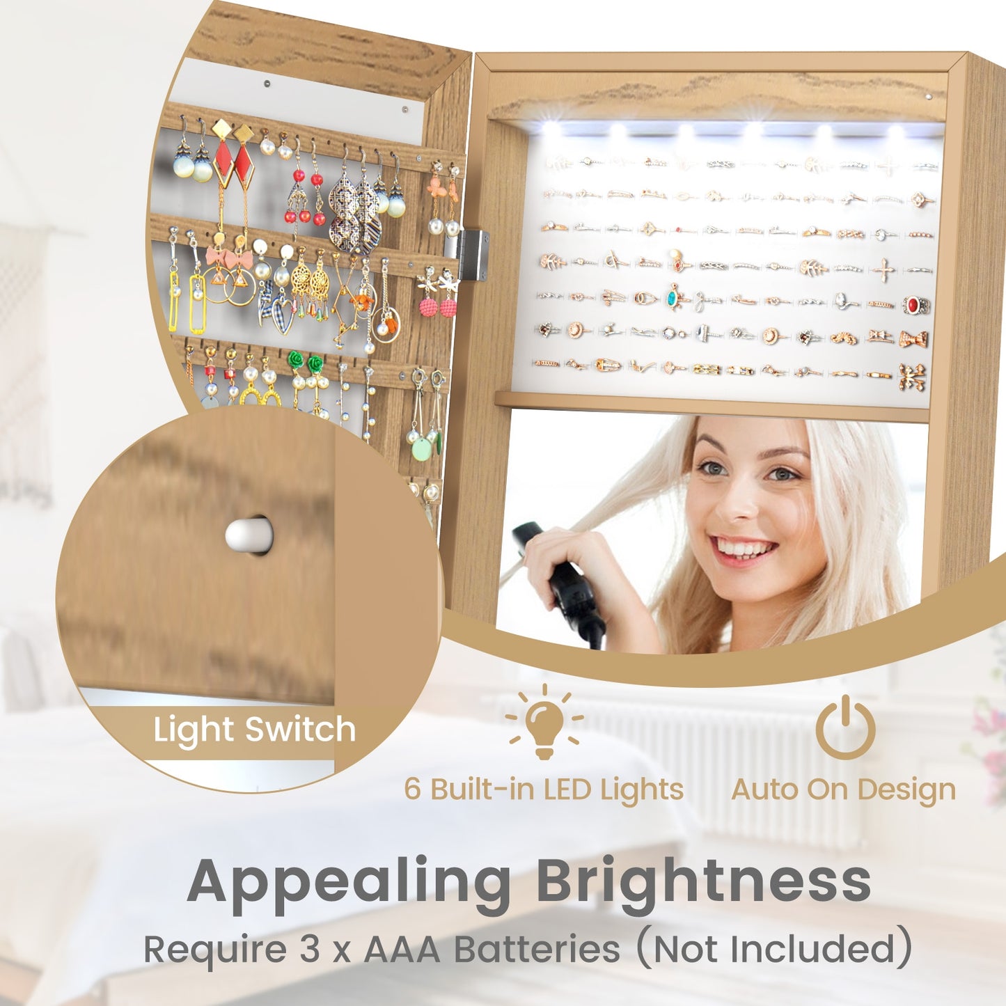 Freestanding Jewelry Armoire with Full-Length Mirror, 6 LED Lights and Lockable Storage – Natural