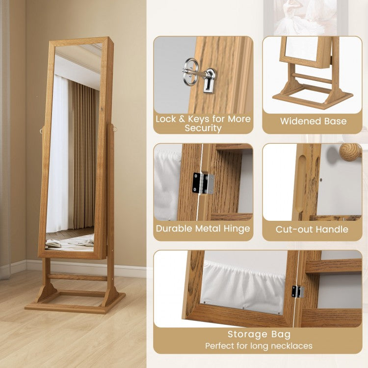 Freestanding Jewelry Armoire with Full-Length Mirror, 6 LED Lights and Lockable Storage – Natural