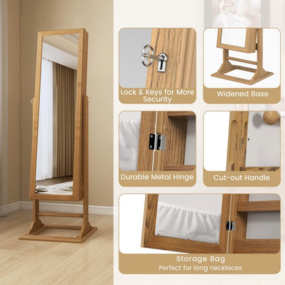 Freestanding Jewelry Armoire with Full-Length Mirror, 6 LED Lights and Lockable Storage – Natural