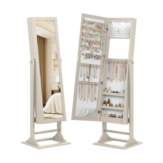 Freestanding Jewelry Armoire with Full-Length Mirror, 6 LED Lights and Lockable Storage – Beige