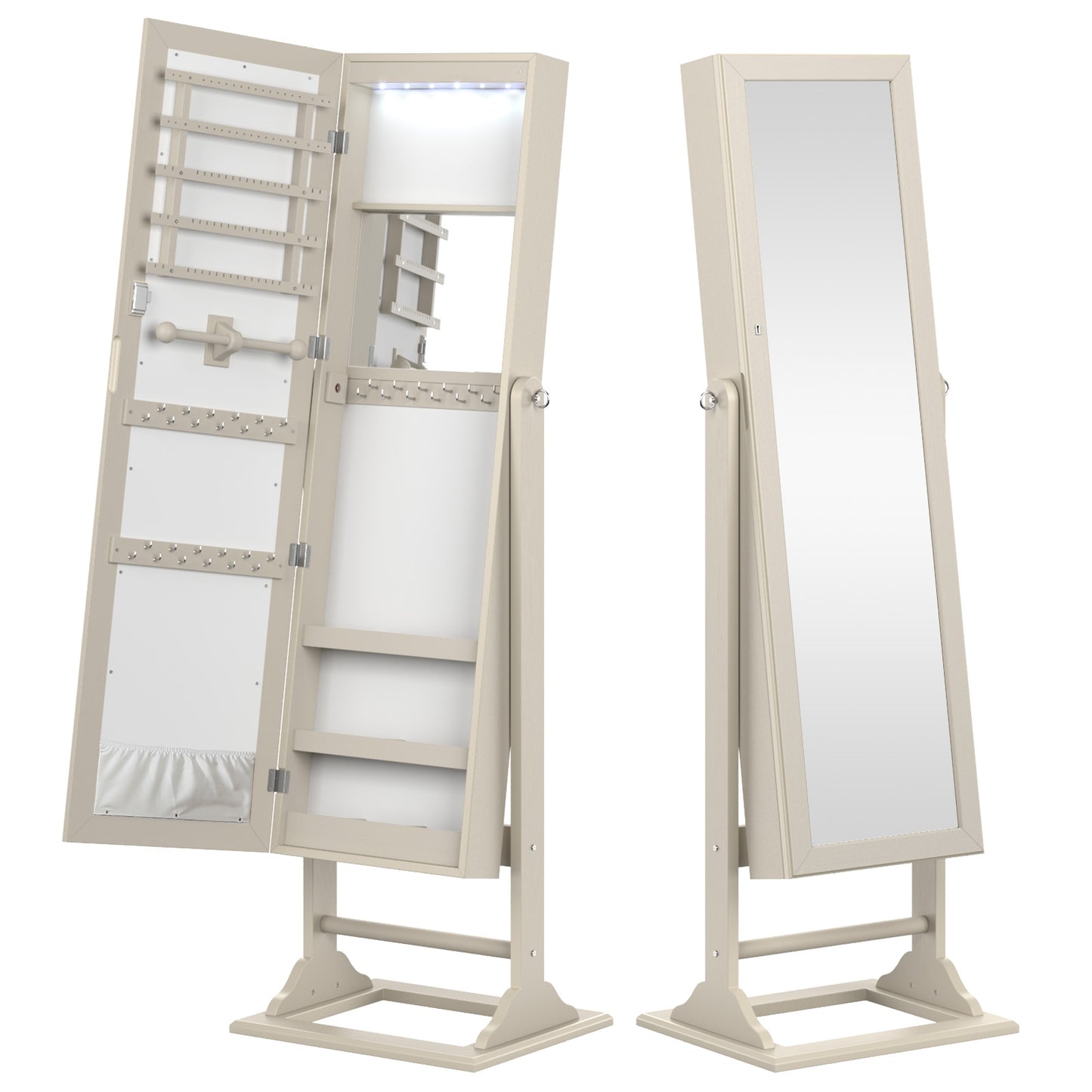Freestanding Jewelry Armoire with Full-Length Mirror, 6 LED Lights and Lockable Storage – Beige