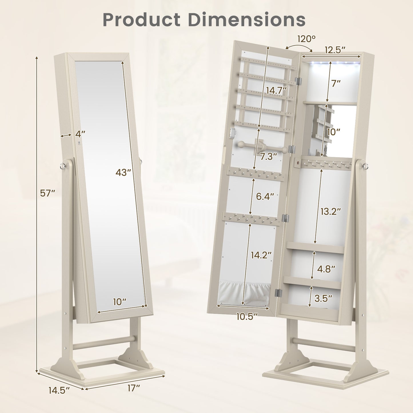 Freestanding Jewelry Armoire with Full-Length Mirror, 6 LED Lights and Lockable Storage – Beige