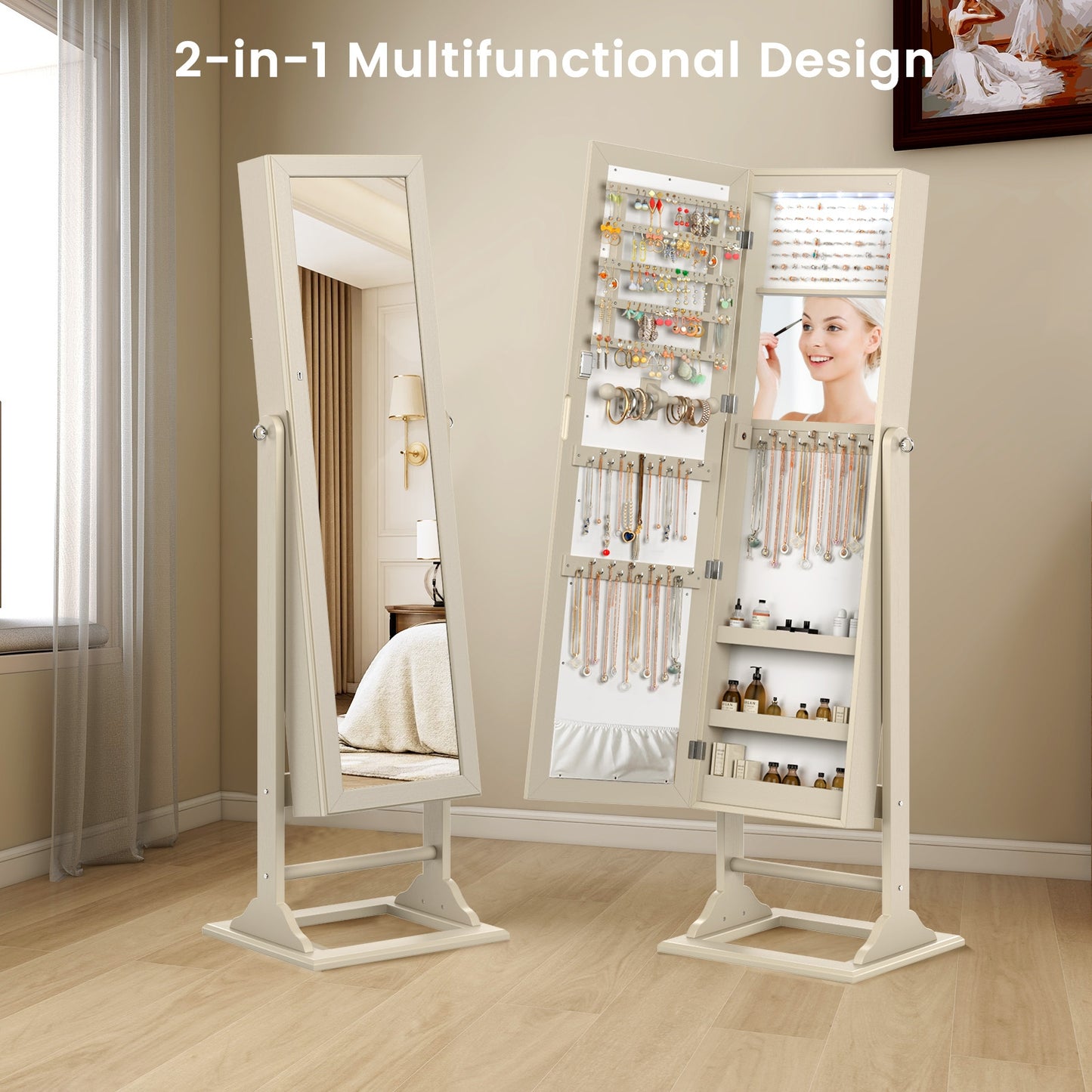 Freestanding Jewelry Armoire with Full-Length Mirror, 6 LED Lights and Lockable Storage – Beige