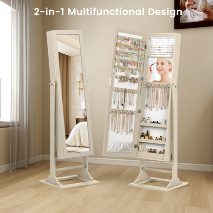 Freestanding Jewelry Armoire with Full-Length Mirror, 6 LED Lights and Lockable Storage – Beige