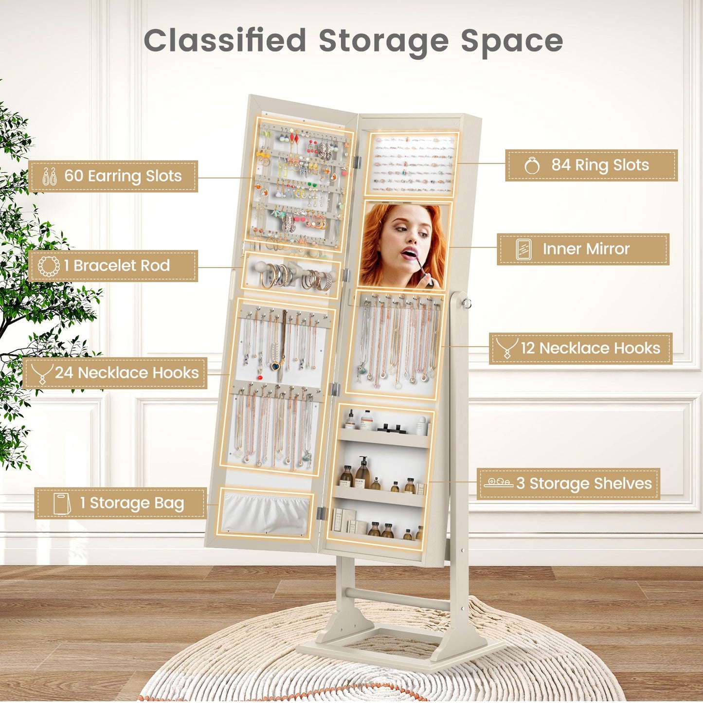 Freestanding Jewelry Armoire with Full-Length Mirror, 6 LED Lights and Lockable Storage – Beige
