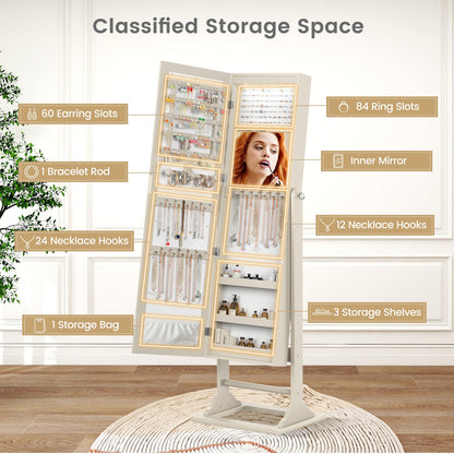 Freestanding Jewelry Armoire with Full-Length Mirror, 6 LED Lights and Lockable Storage – Beige