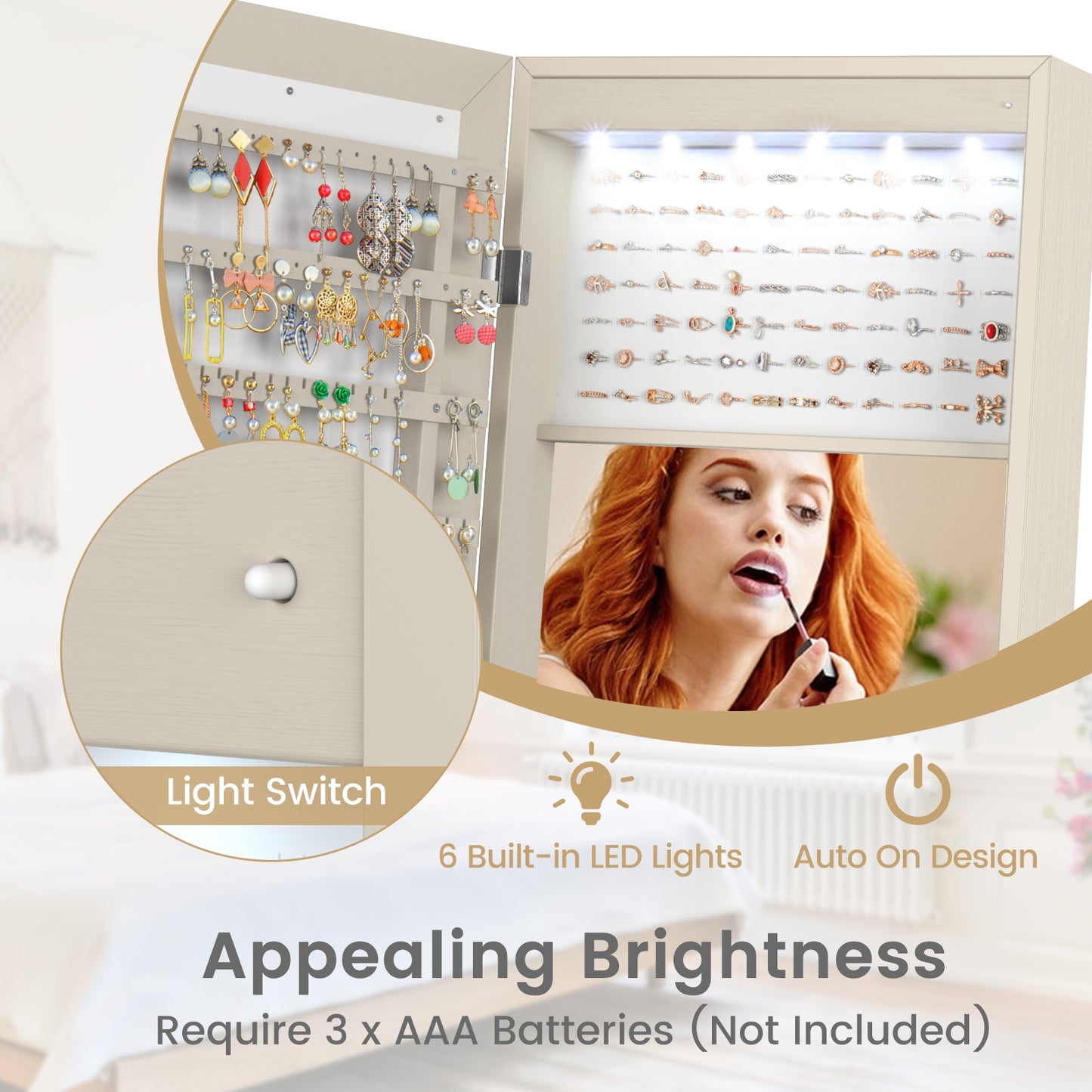 Freestanding Jewelry Armoire with Full-Length Mirror, 6 LED Lights and Lockable Storage – Beige