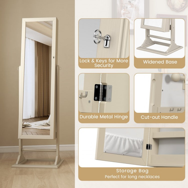 Freestanding Jewelry Armoire with Full-Length Mirror, 6 LED Lights and Lockable Storage – Beige