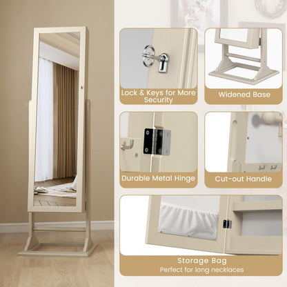 Freestanding Jewelry Armoire with Full-Length Mirror, 6 LED Lights and Lockable Storage – Beige