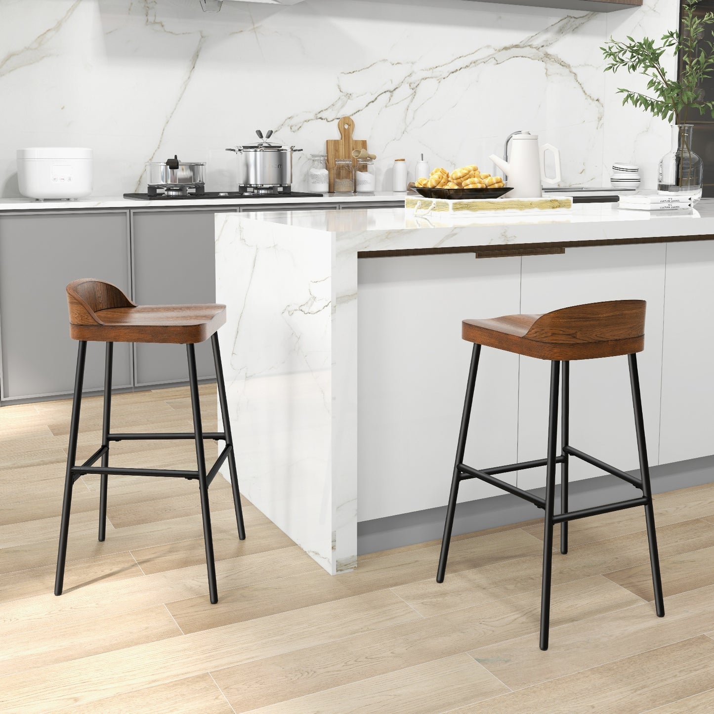Industrial 29 Inch Bar Stools with Low Back and Footrests, Set of 2