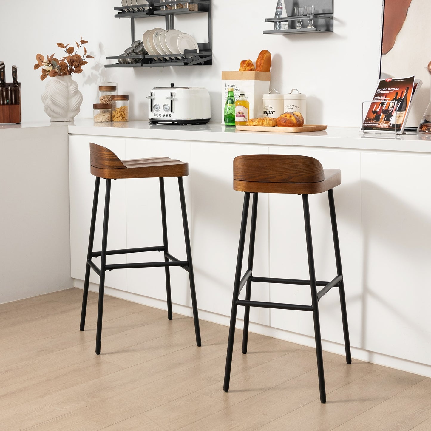 Industrial 29 Inch Bar Stools with Low Back and Footrests, Set of 2