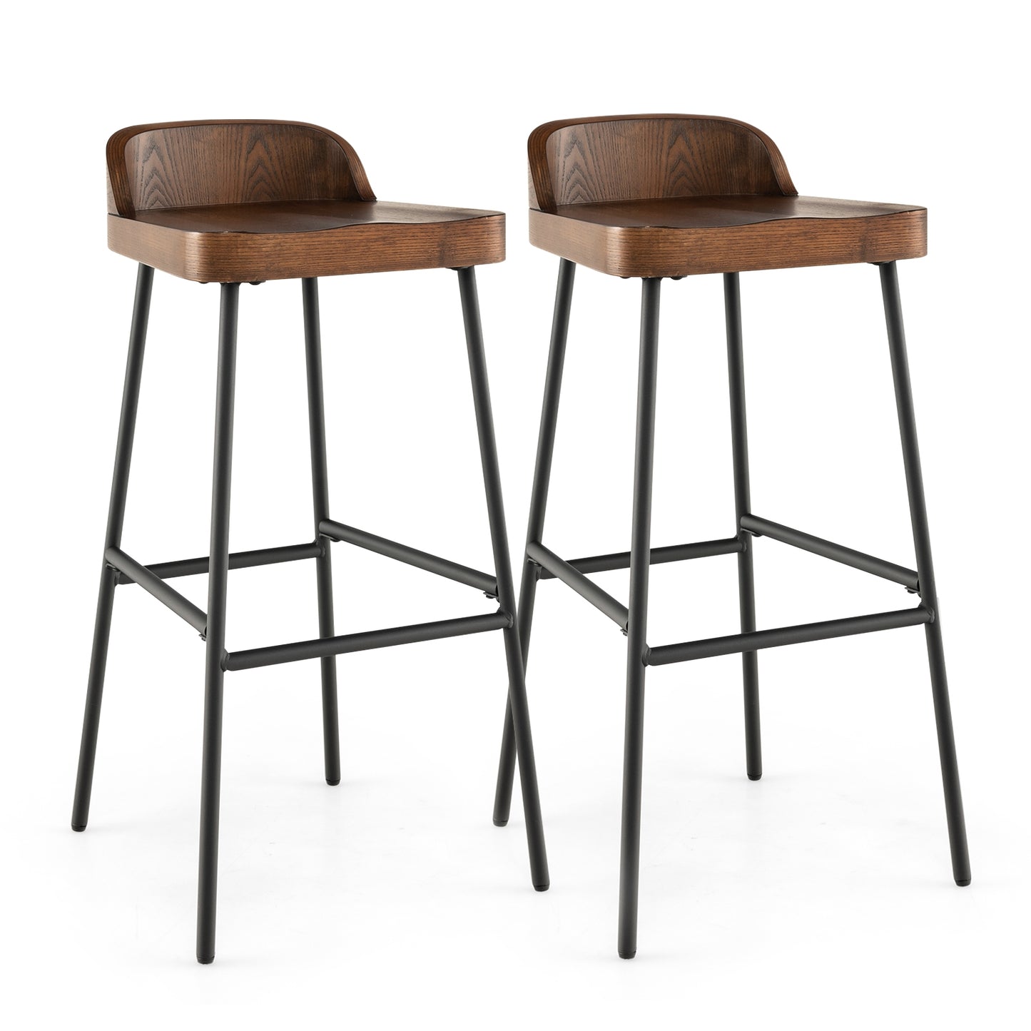 Industrial 29 Inch Bar Stools with Low Back and Footrests, Set of 2