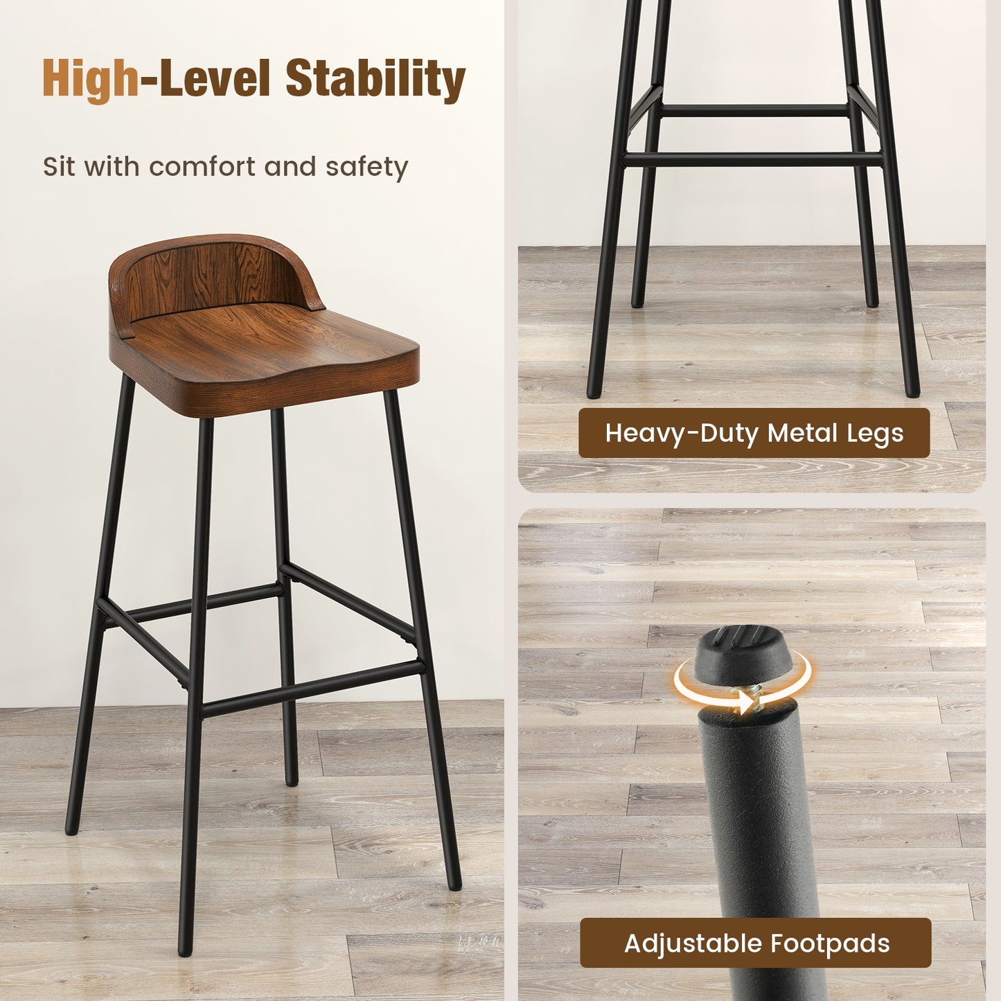 Industrial 29 Inch Bar Stools with Low Back and Footrests, Set of 2