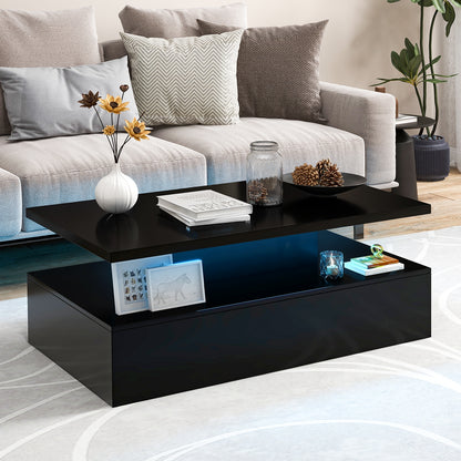 Modern LED Coffee Table with High Gloss Finish, Adjustable Light Colors, and 2-Tier Storage in Black