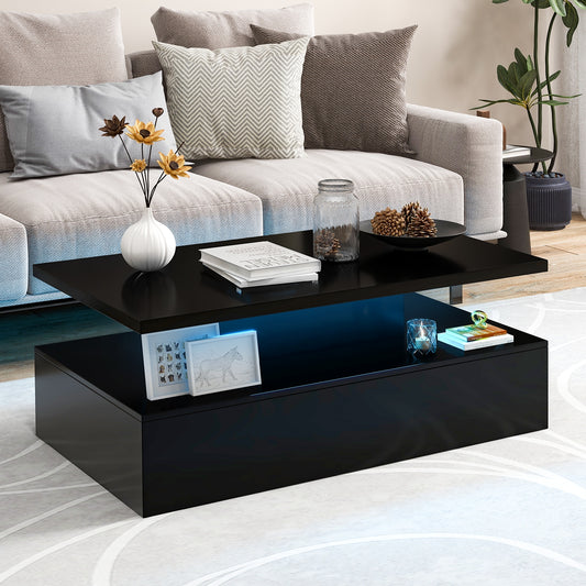 Modern LED Coffee Table with High Gloss Finish, Adjustable Light Colors, and 2-Tier Storage in Black