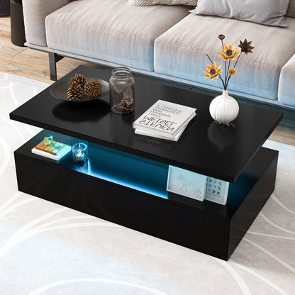 Modern LED Coffee Table with High Gloss Finish, Adjustable Light Colors, and 2-Tier Storage in Black