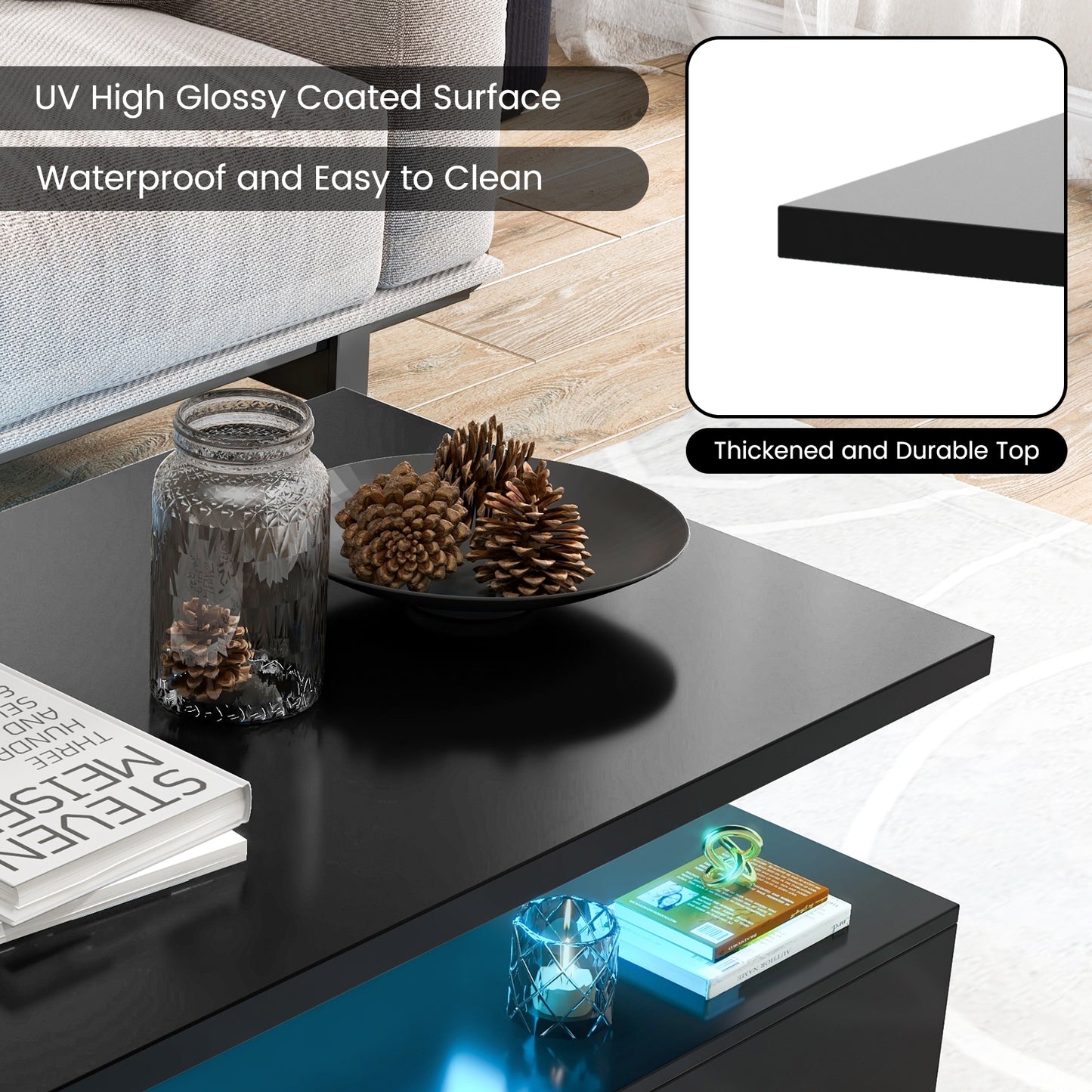 Modern LED Coffee Table with High Gloss Finish, Adjustable Light Colors, and 2-Tier Storage in Black