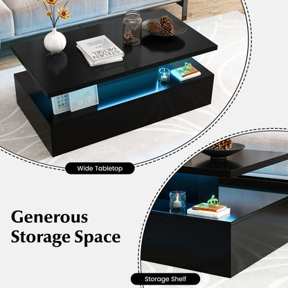 Modern LED Coffee Table with High Gloss Finish, Adjustable Light Colors, and 2-Tier Storage in Black
