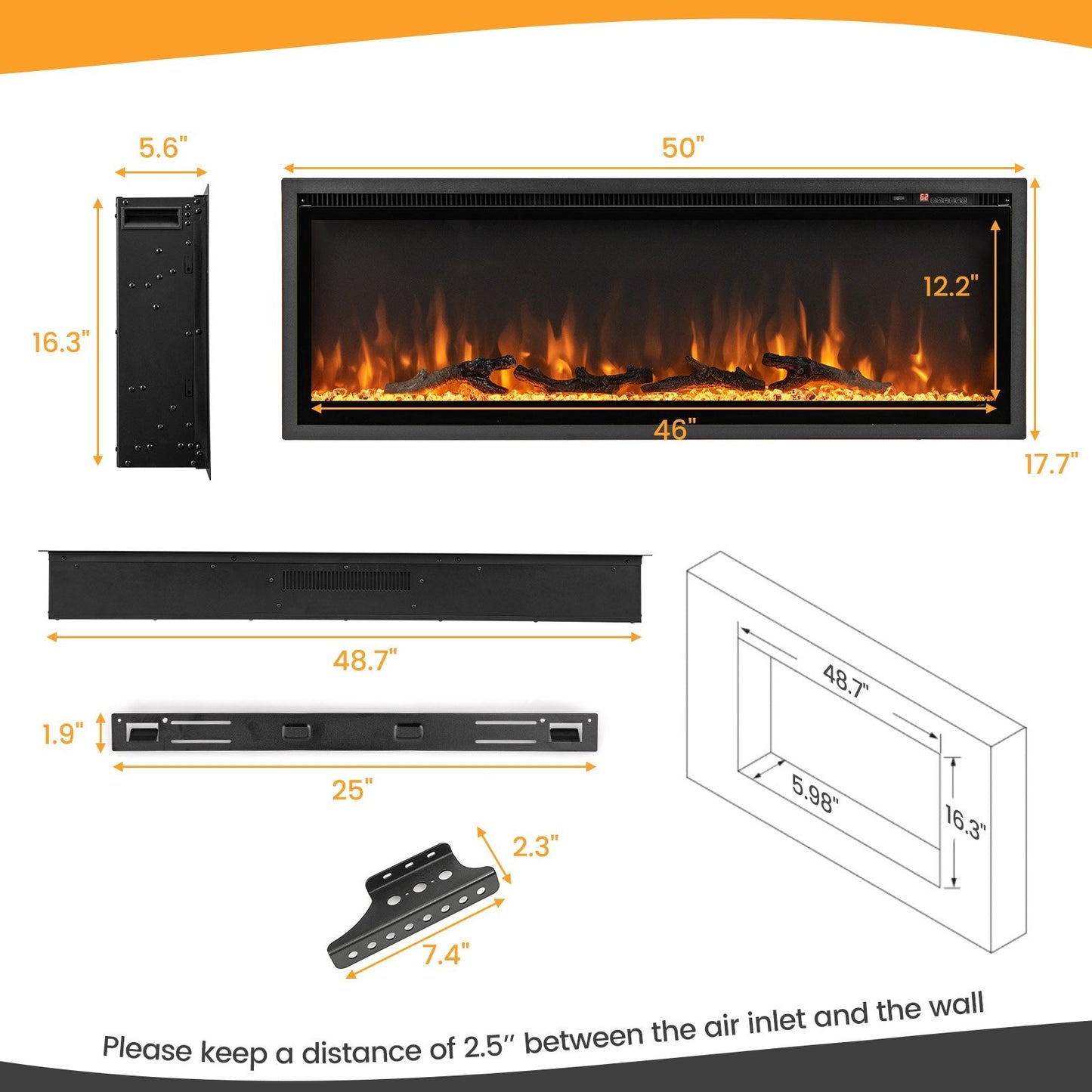 36/42/50 Inch Electric Fireplace In-Wall Recessed with Remote Control, Adjustable Color & Brightness