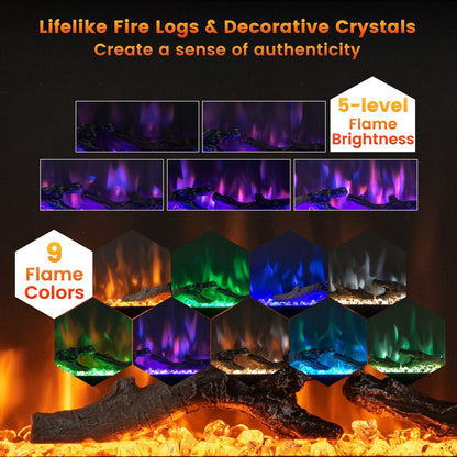 36/42/50 Inch Electric Fireplace In-Wall Recessed with Remote Control, Adjustable Color & Brightness