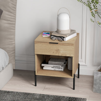 Modern Wood Nightstand with Drawer and Built-in Charging Station
