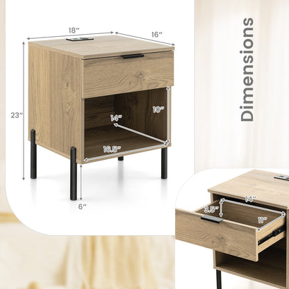 Modern Wood Nightstand with Drawer and Built-in Charging Station