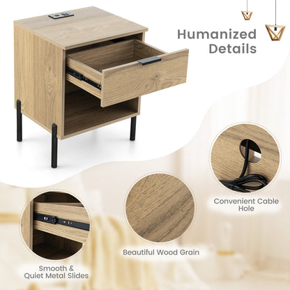 Modern Wood Nightstand with Drawer and Built-in Charging Station