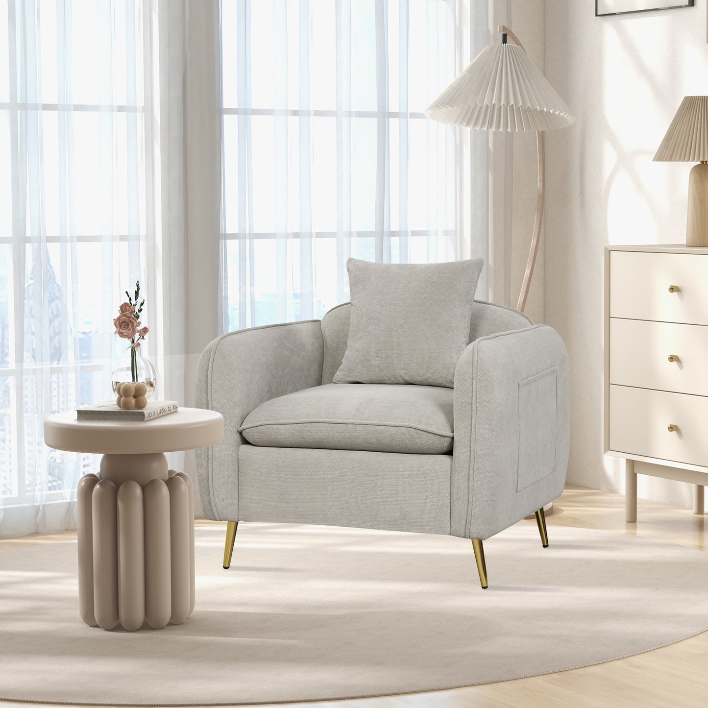 Elegant Chenille Velvet Accent Chair with Cushioned Seat and Side Storage