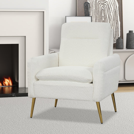 Modern Sherpa Accent Chair with Upholstered Cushion and Gold Metal Legs