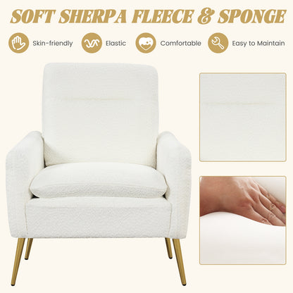 Modern Sherpa Accent Chair with Upholstered Cushion and Gold Metal Legs