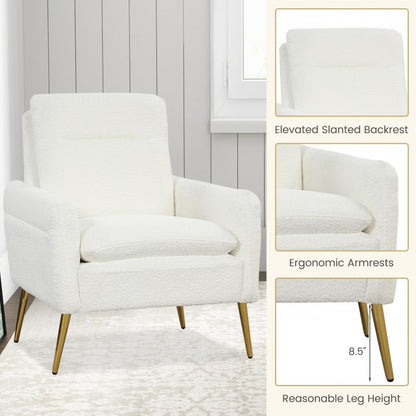 Modern Sherpa Accent Chair with Upholstered Cushion and Gold Metal Legs
