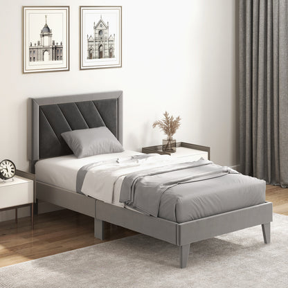 Luxurious Velvet Platform Bed with High Headboard and Wooden Slats - Twin Size
