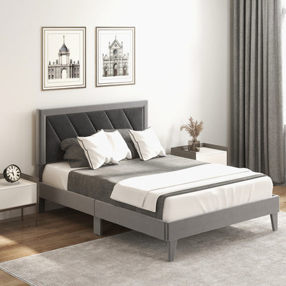 Luxurious Velvet Platform Bed with High Headboard and Wooden Slats - Full Size