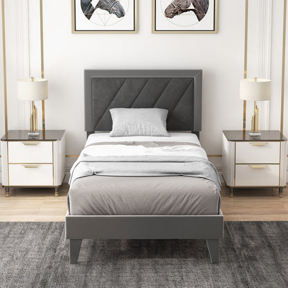 Luxurious Velvet Platform Bed with High Headboard and Wooden Slats - Twin Size
