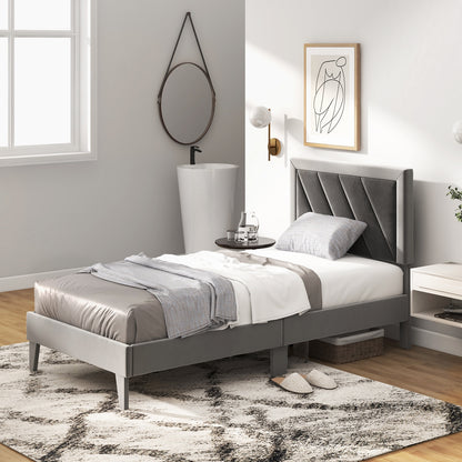 Luxurious Velvet Platform Bed with High Headboard and Wooden Slats - Twin Size
